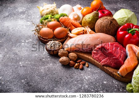 Paleo diet. Healthy high protein and low carbohydrate products Royalty-Free Stock Photo #1283780236