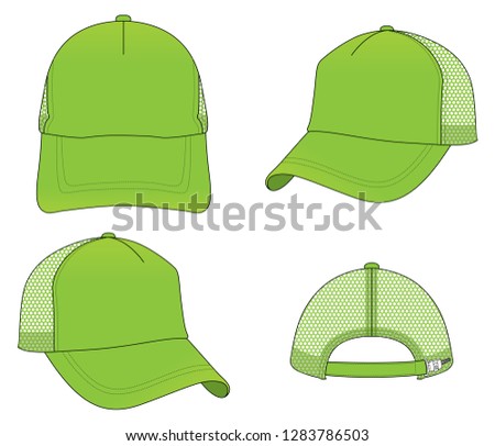 Blank Green Trucker Cap With Mesh at Side and Back Panel, Adjustable Plastic Slider Buckle Closure Strap Template on White Background.