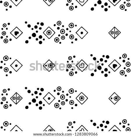 Seamless vector geometrical pattern with hand drawn decorative elements. Graphic design, drawing illustration. Print for fabric, textil, wallpaper, wrapping, packaging. Line drawing. Doddle style,
