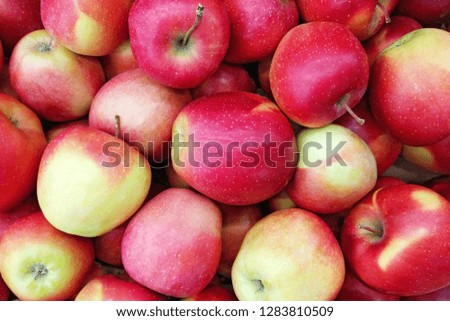 Juicy red apple background. Close up top view photography