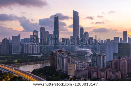 wide-angle aerial view of Guangzhou financial district, Guangdong, China.Financial concept