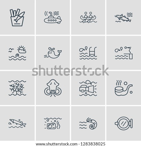 Vector illustration of 16 sea icons line style. Editable set of submarine, prawn, sea landscape icon elements.