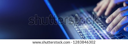 Conceptual close up photo of male hands typing on laptop keyboard, chatting in social networks, meeting website, searching internet. Blogger working on new column, journalist writing new article Royalty-Free Stock Photo #1283846302