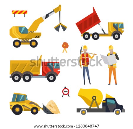 Big set of construction equipment machinery. Special machines for the construction work. Forklifts, tractors, trucks, concrete mixer, dump truck, excavator, bulldozer, builders, road signs icons.