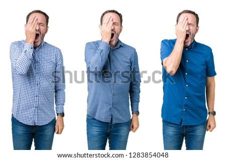 Collage of handsome senior man over white isolated background Yawning tired covering half face, eye and mouth with hand. Face hurts in pain.