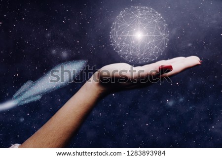 Human hand holding spaceship low poly. Nebula dust. Mixed media.