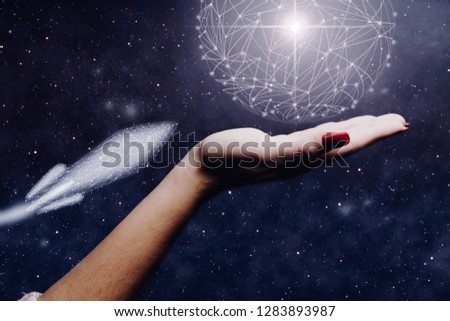 Human hand holding spaceship low poly. Nebula dust. Mixed media.
