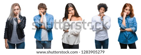Collage of group of arab, indian, african american people over isolated background thinking looking tired and bored with depression problems with crossed arms.