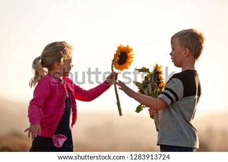 Little boy giving sunflower to little girl.