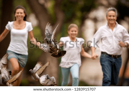 Mother, young daughter and father hold hands and run together through a park frightening a flock of pigeons into flight.