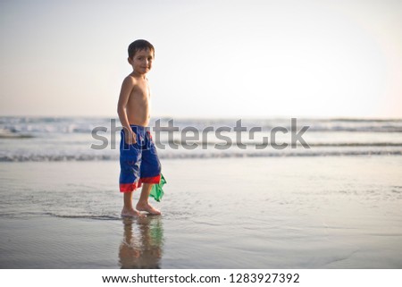 Boy trying to catch fish with a net at the beach