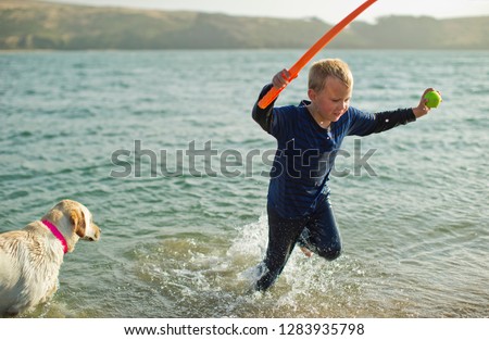 Young boy playing fetch with a dog on a beach.