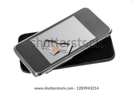 mobile phone and sim card on a white isolated background