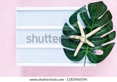 White empty lightbox, monstera leaf, starfish on pink background. Summer fashion flat lay. Vacation, travel concept. Top view with copy space. 