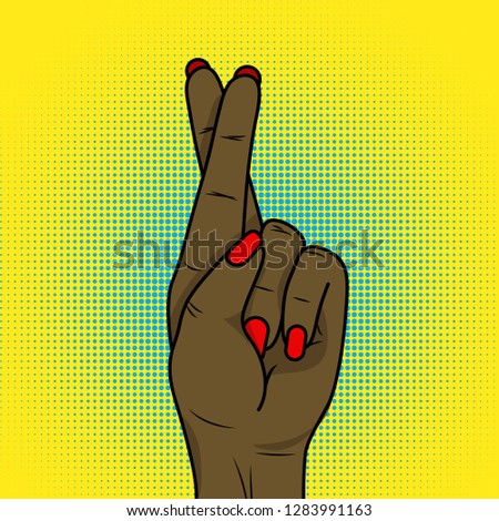 Negroid hand showing fingers crossed. Hand gesture mean Lie or luck, superstition symbol on speech bubble.Crossed fingers vector on popart style