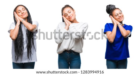 Collage of beautiful braided hair african american woman over isolated background sleeping tired dreaming and posing with hands together while smiling with closed eyes.