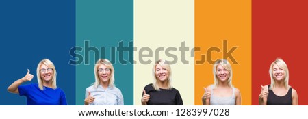 Collage of beautiful blonde woman over colorful vintage isolated background doing happy thumbs up gesture with hand. Approving expression looking at the camera with showing success.