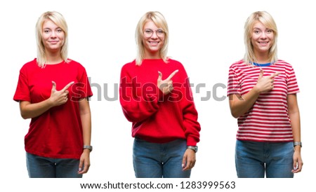 Collage of beautiful blonde woman wearing casual red over isolated background cheerful with a smile of face pointing with hand and finger up to the side with happy and natural expression on face