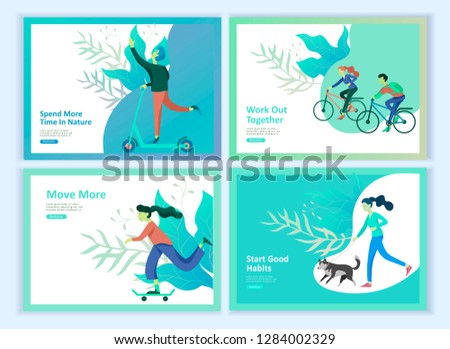 Set of Landing page templates for hobby blog. People enjoying their hobbies, dancing, riding a scooter, paint walls and a picture, play the guitar, cooking. Vector characters