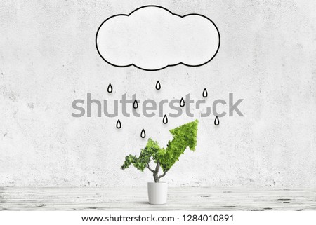 Potted green plant grows up in arrow shape over blue background. Concept business image