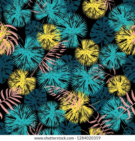 Vector beach seamless pattern wallpaper of grunge bright tropical leaves of palm trees on the black background. Vector seamless pattern. Tropical illustration. Jungle foliage. Cool floral wallpaper