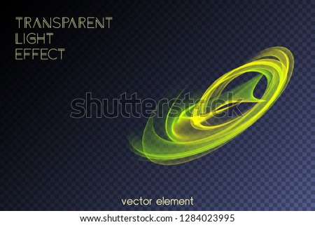 Magic glowing swirl trail transparent light effect. Bright shine wavy element for your design. Beautiful flame, flare, light trail, hologram. Iridescent neon vector shape.