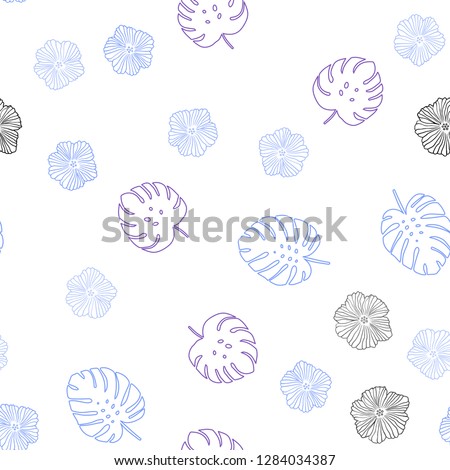 Dark Pink, Blue vector seamless abstract background with flowers, leaves. Leaves and flowers with gradient on white background. Pattern for design of fabric, wallpapers.