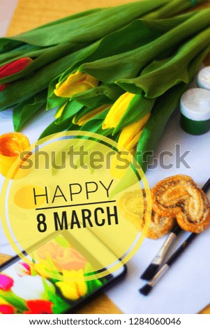 Postcard on March 8. Congratulations on the feast of women. Photos with text. Congratulatory banner.