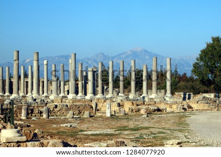 Landscape with tens of vertical columns, archaeological digs, trees and mountains in the background. Perfect blue sky. Taken in October at the ancient city of Perge (near Antalya, Turkey).