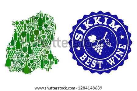 Vector collage of wine map of Sikkim State and best grape wine grunge seal. Map of Sikkim State collage formed with bottles and grape berries bunches.