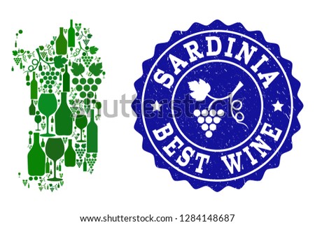 Vector collage of wine map of Sardinia region and best grape wine grunge stamp. Map of Sardinia region collage composed with bottles and grape berries bunches.