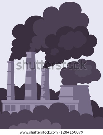 Air pollution concept. Factory smokestacks. Black smoke, air emissions. Flat vector illustration. Royalty-Free Stock Photo #1284150079