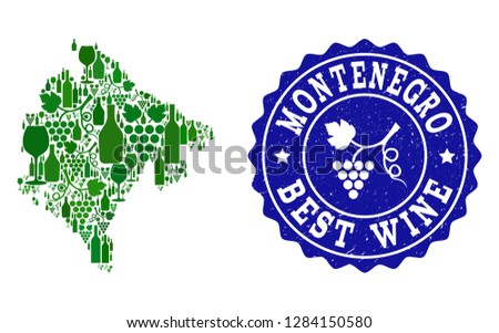 Vector collage of wine map of Montenegro and best grape wine grunge seal stamp. Map of Montenegro collage designed with bottles and grape berries bunches.