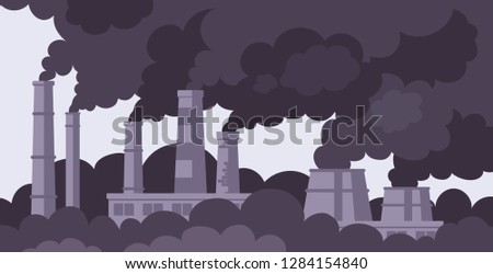 Factory chimneys with black smoke. Factory smokestacks. Air pollution. Environment pollution concept. Ecological disaster concept. Flat vector illustration. Royalty-Free Stock Photo #1284154840