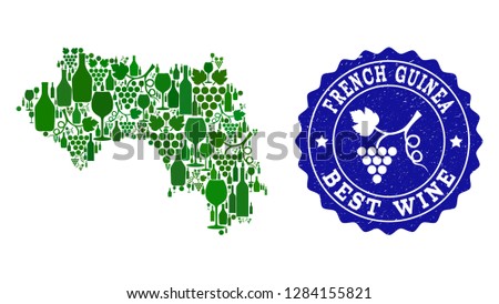 Vector collage of wine map of French Guinea and best grape wine grunge stamp. Map of French Guinea collage composed with bottles and grape berries bunches.