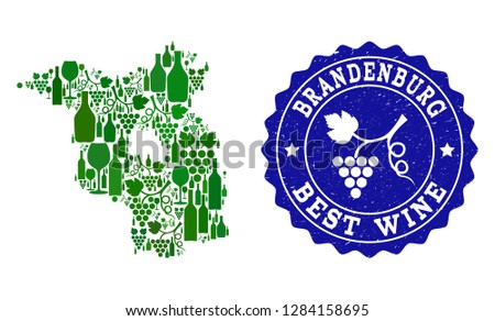 Vector collage of wine map of Brandenburg State and best grape wine grunge watermark. Map of Brandenburg State collage created with bottles and grape berries bunches.