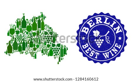 Vector collage of wine map of Berlin City and best grape wine grunge watermark. Map of Berlin City collage composed with bottles and grape berries bunches.