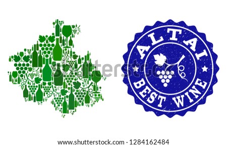 Vector collage of wine map of Altai Republic and best grape wine grunge stamp. Map of Altai Republic collage formed with bottles and grape berries bunches.