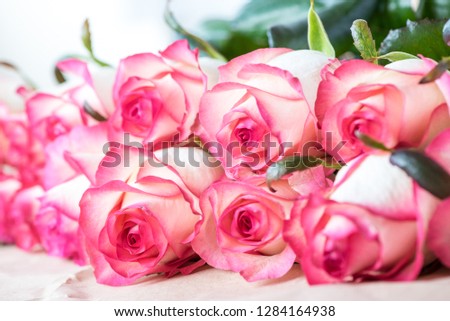 Closeup Large romantic bouquet of flowers. Delicate pink roses with edging. Love theme. Celebration. wedding