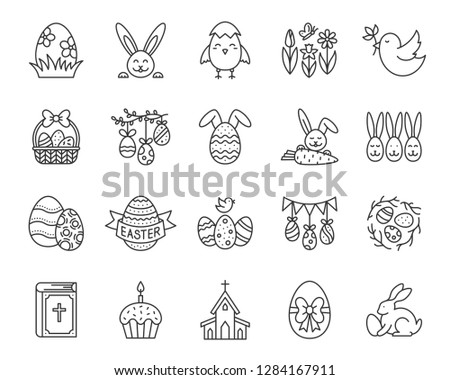 Easter thin line icons set. Outline sign kit of egg. Bunny rabbit linear icon collection includes bird nest, church, chick. Simple spring flower contour symbol isolated on white vector Illustration