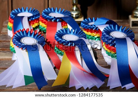 Closeup of colorful ribbons awards rosettes and trophys for winners In equitation competition