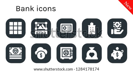  bank icon set. 10 filled bank icons. Simple modern icons about  - Keypad, Graphic, Safebox, Building, Money, Funds, Budget, Piggy bank