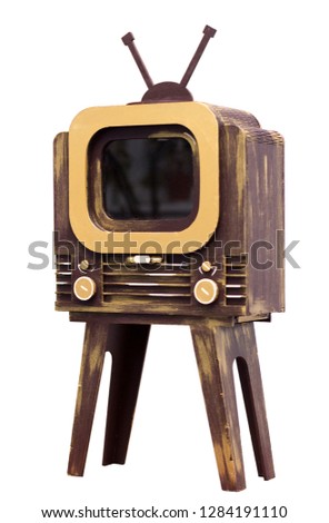 Old-Style TV Receiver isolated souvenir toy caricature cartoon TV with retro style antennas made of plywood and cardboard