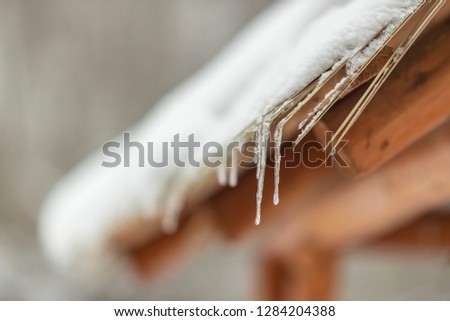 A icicle on a snow covered roof in a park