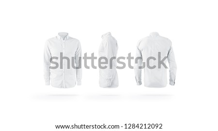 Blank white weared classic mens shirt with sleeve mockup set, front, back and side view, isolated. Empty work gament mock up. Clear elegant banyan on figure. Glamour clothing template. Royalty-Free Stock Photo #1284212092