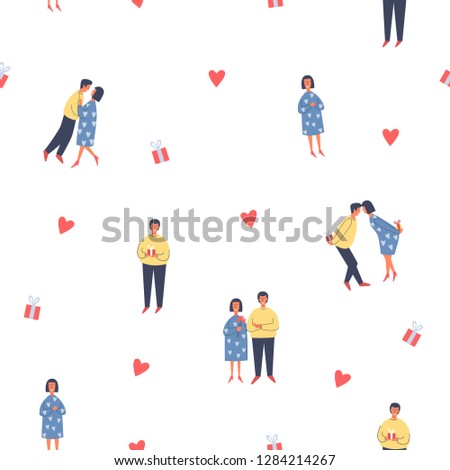 Pattern with characters, hearts and gifts for the holiday Valentine's Day. Lovers of happy young people hugging and give each other gifts on a white background. Vector seamless illustration.
