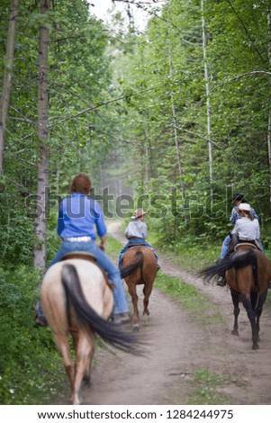 People riding horses along forest path