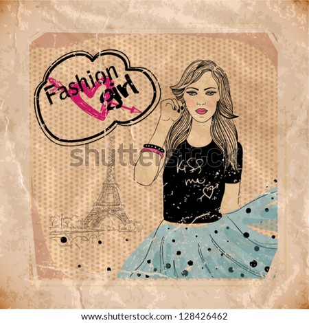 pretty young girl in Paris . vector illustration