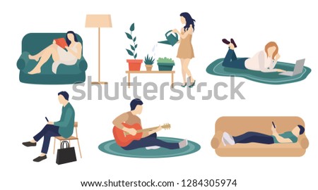 Bundle of young men and women spending weekend at home - playing guitar,  reading books, care for flowers, surfing internet, listening to music. Colored vector illustration in flat cartoon style.
