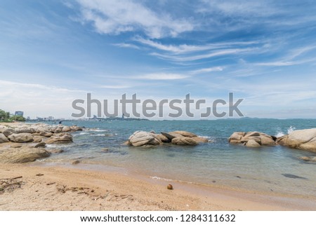 North Pattaya beach, leaf and tropical beach Summer Sand Beach with blue sky nature view in Sunshine Day at Pattaya , Thailand. 